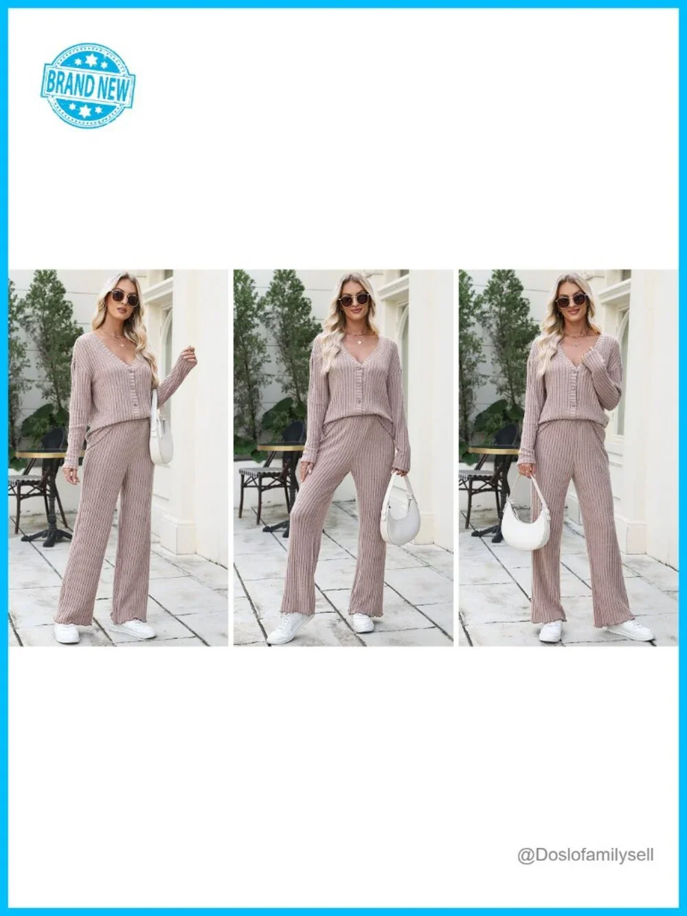 Women's 2 Piece Lounge Pajama Set Ribbed Long Sleeve Button Top Matching Pants